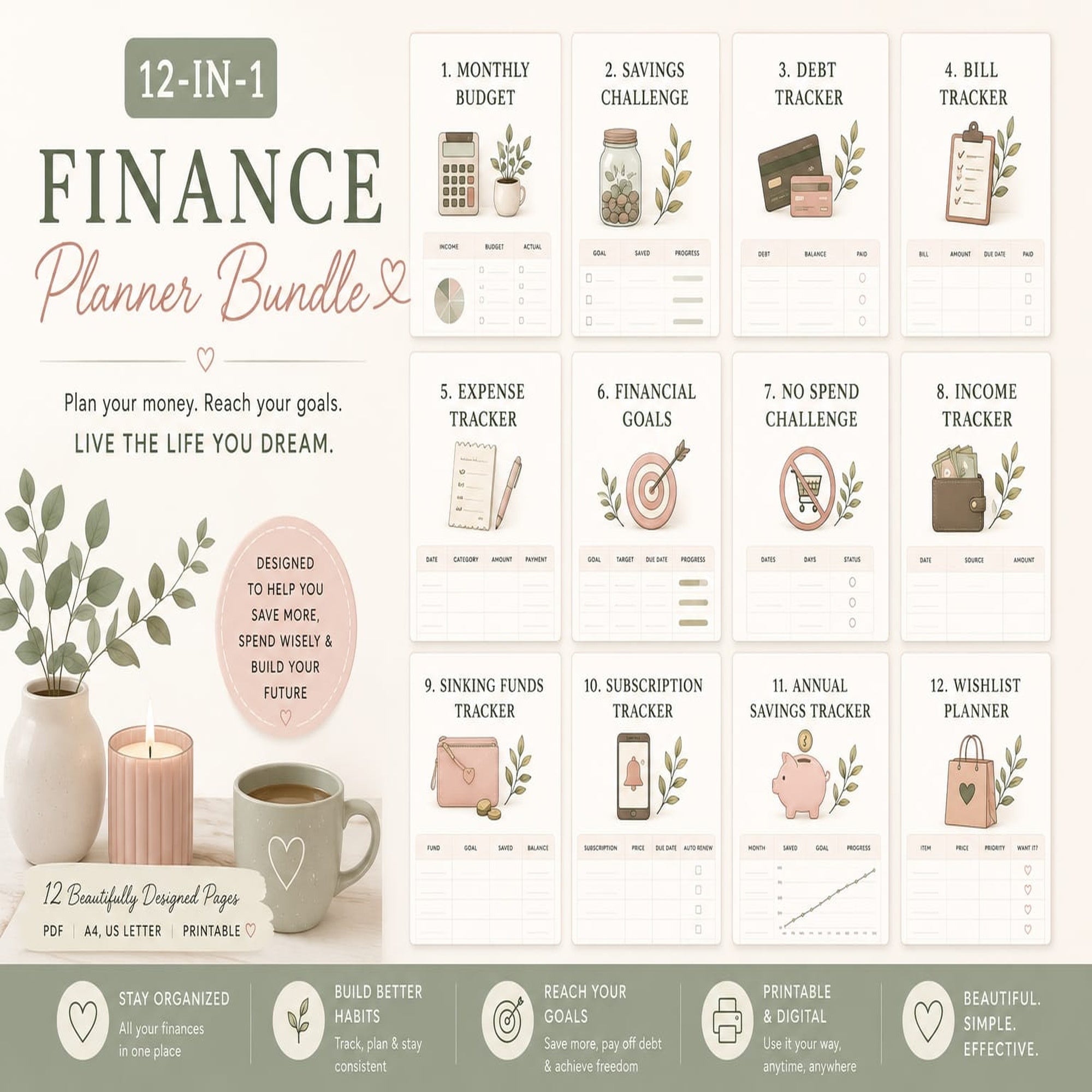Finance Planner Bundle | 12 Printable Budget & Money Trackers | Instant Download PDF