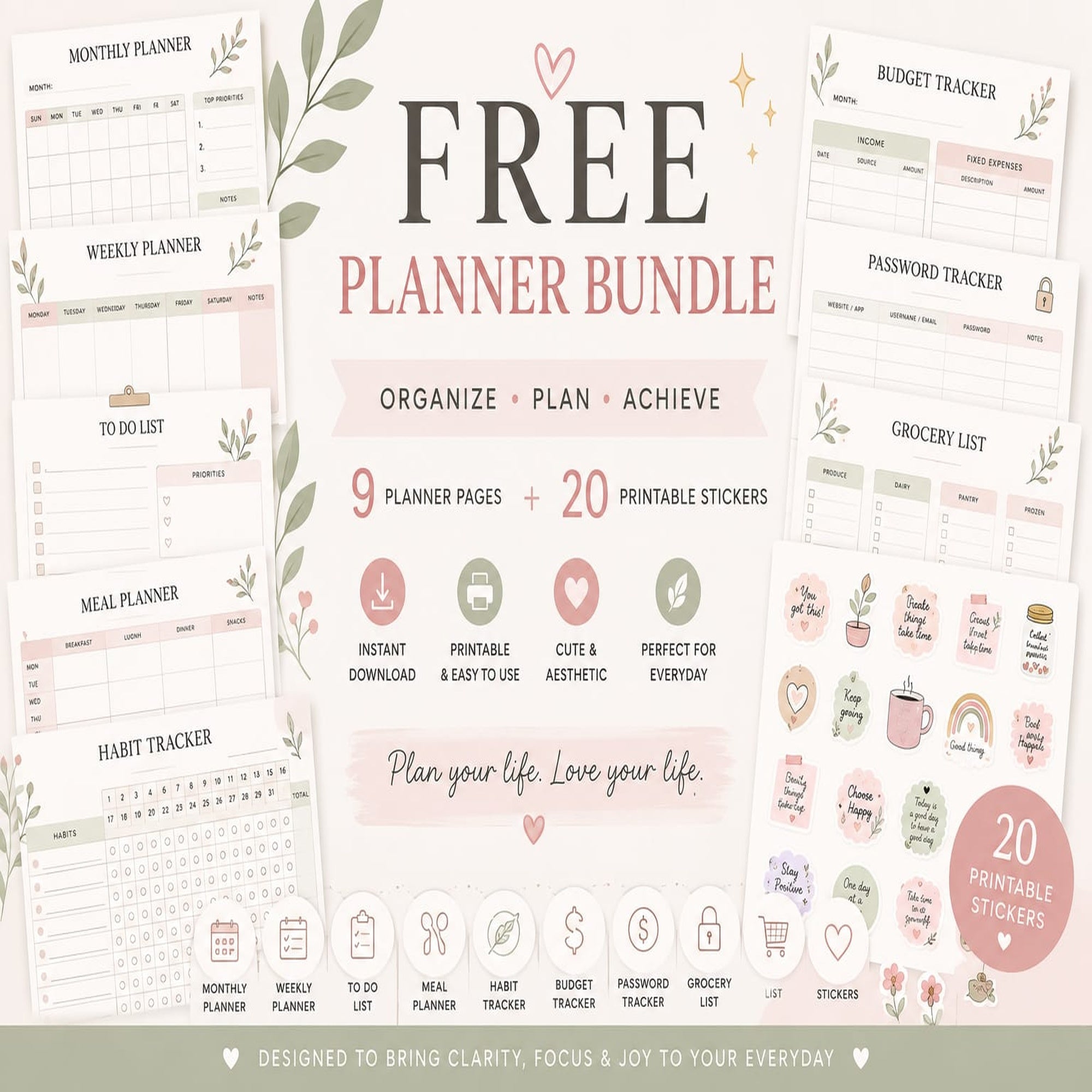 FREE Planner Bundle – 9 Printable Planner Pages + 20 Printable Stickers