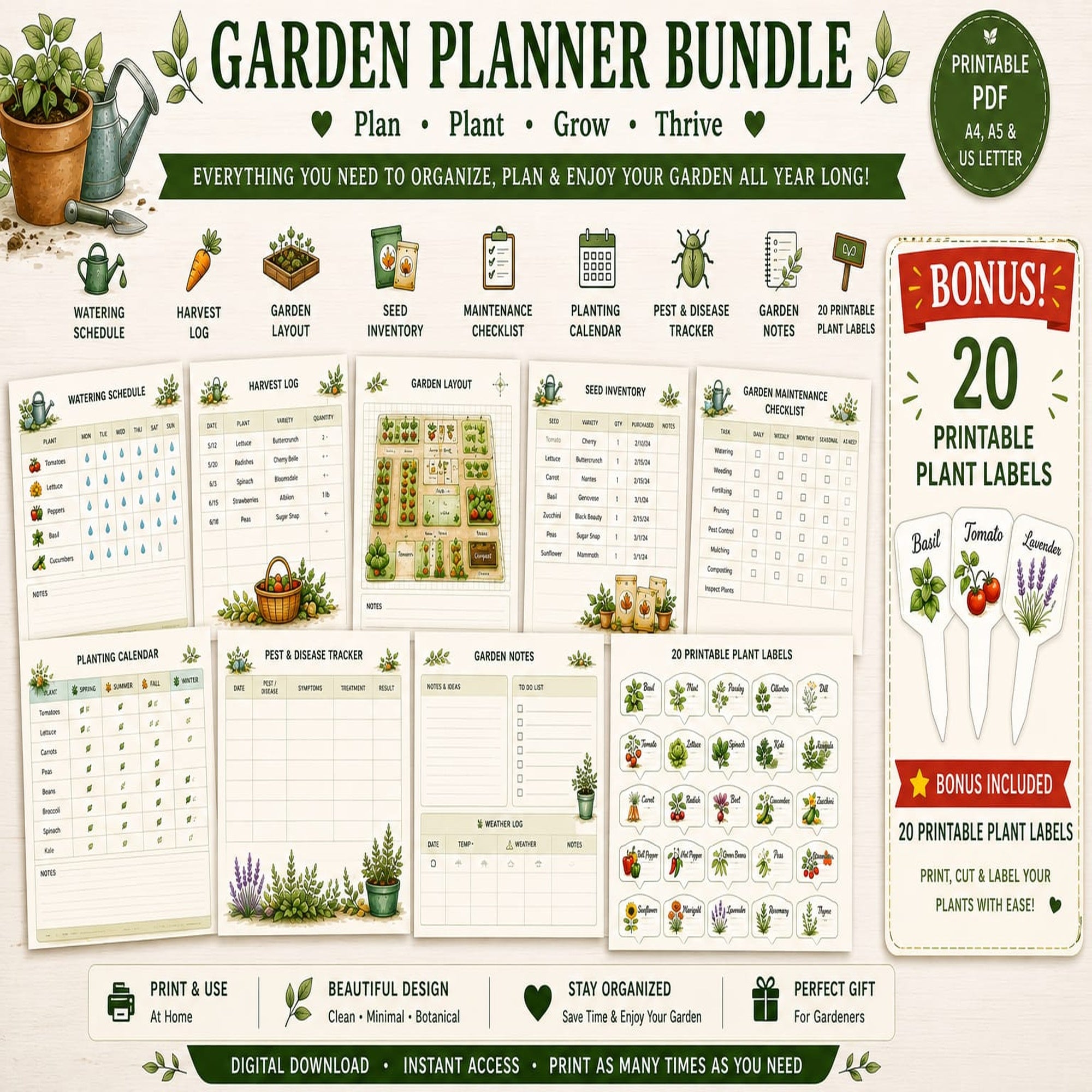 Garden Planner Bundle | 9 Printable Garden Planner Pages + BONUS 20 Printable Plant Labels | Instant Download PDF