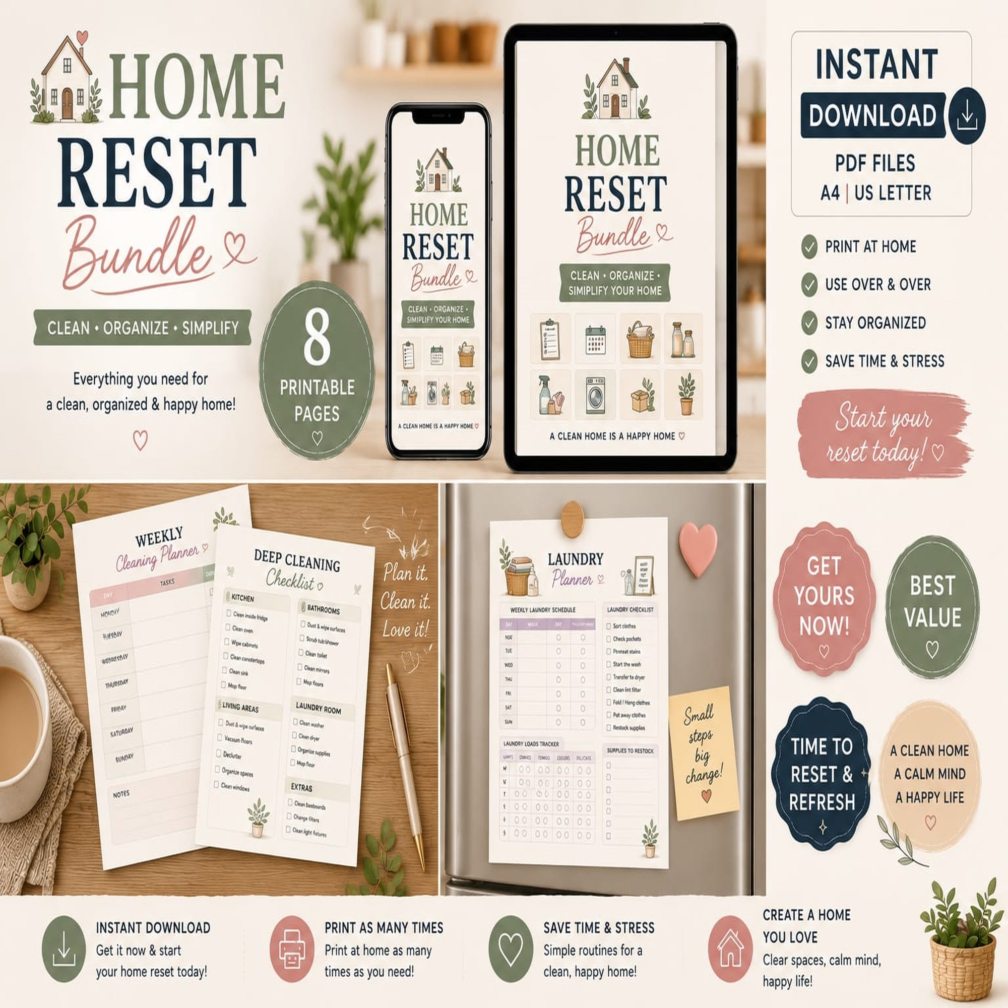 Home Reset Bundle | 8 Printable Cleaning & Organization Planners | Household Planner | Instant Digital Download | PDF A4 & US Letter