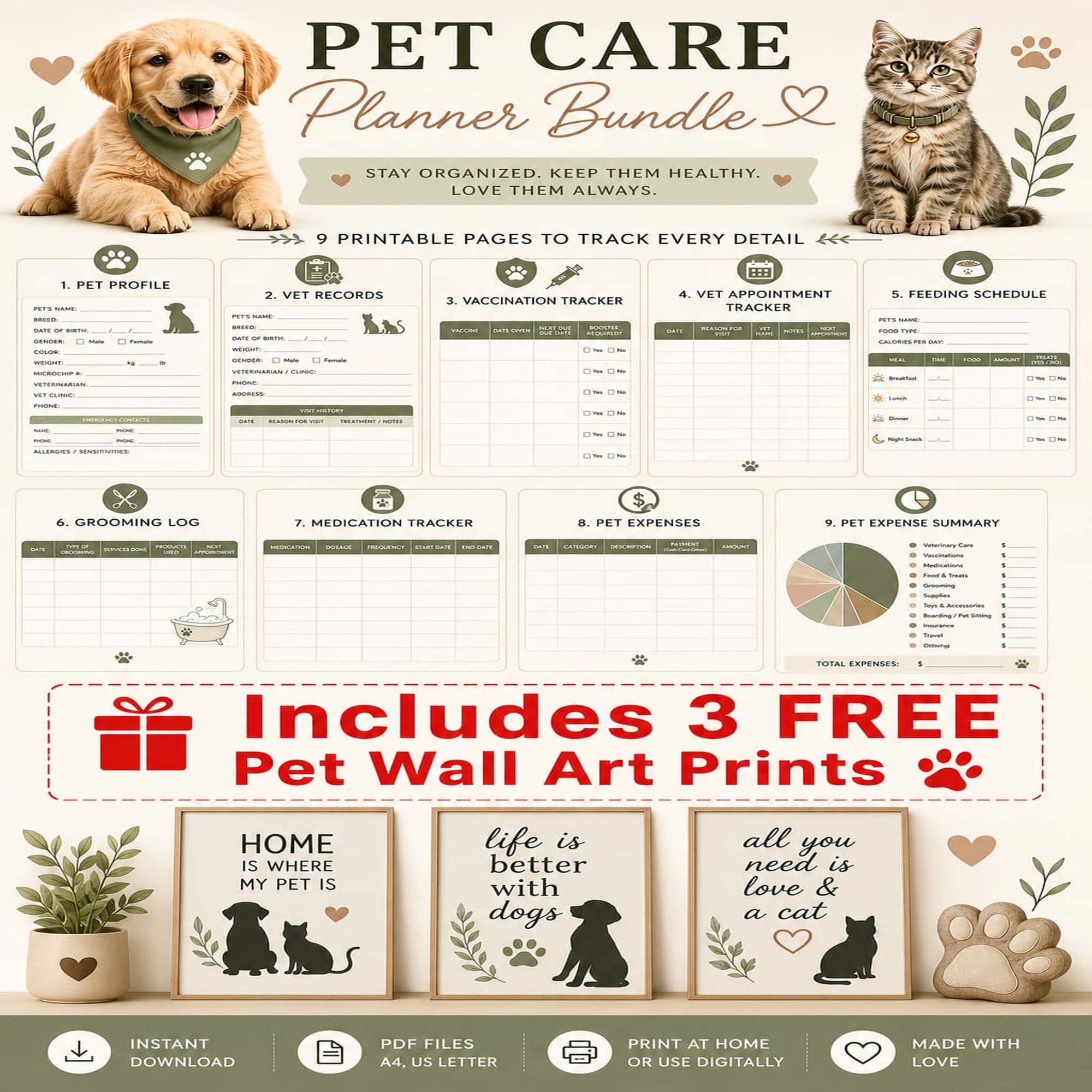 Pet Care Planner Printable Bundle | 9 Pages + 3 FREE Pet Wall Art Prints | Dog & Cat Planner | Instant Download PDF