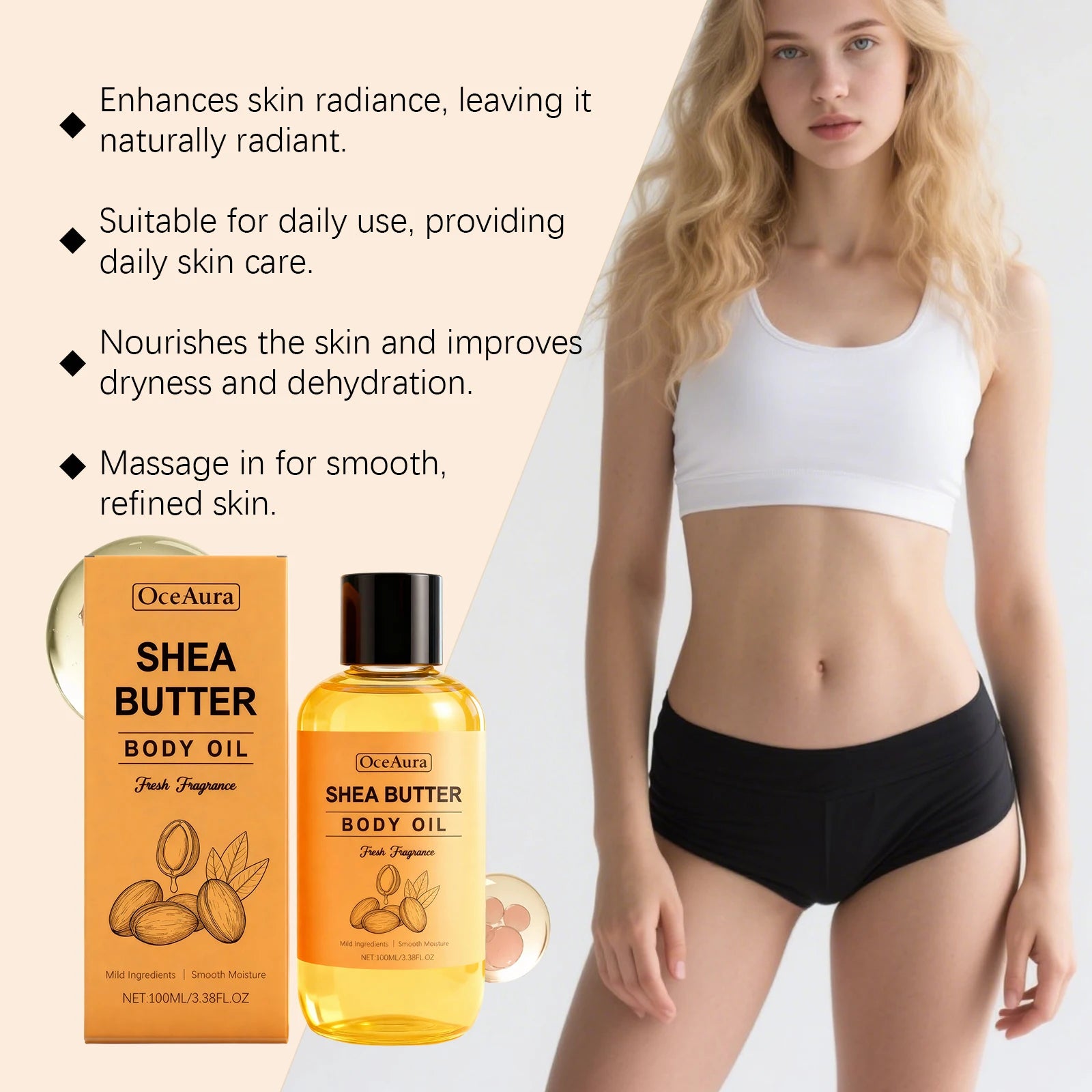 100% Pure Shea Butter Body Oil – Deep Moisturizing Massage Oil for Dry Skin