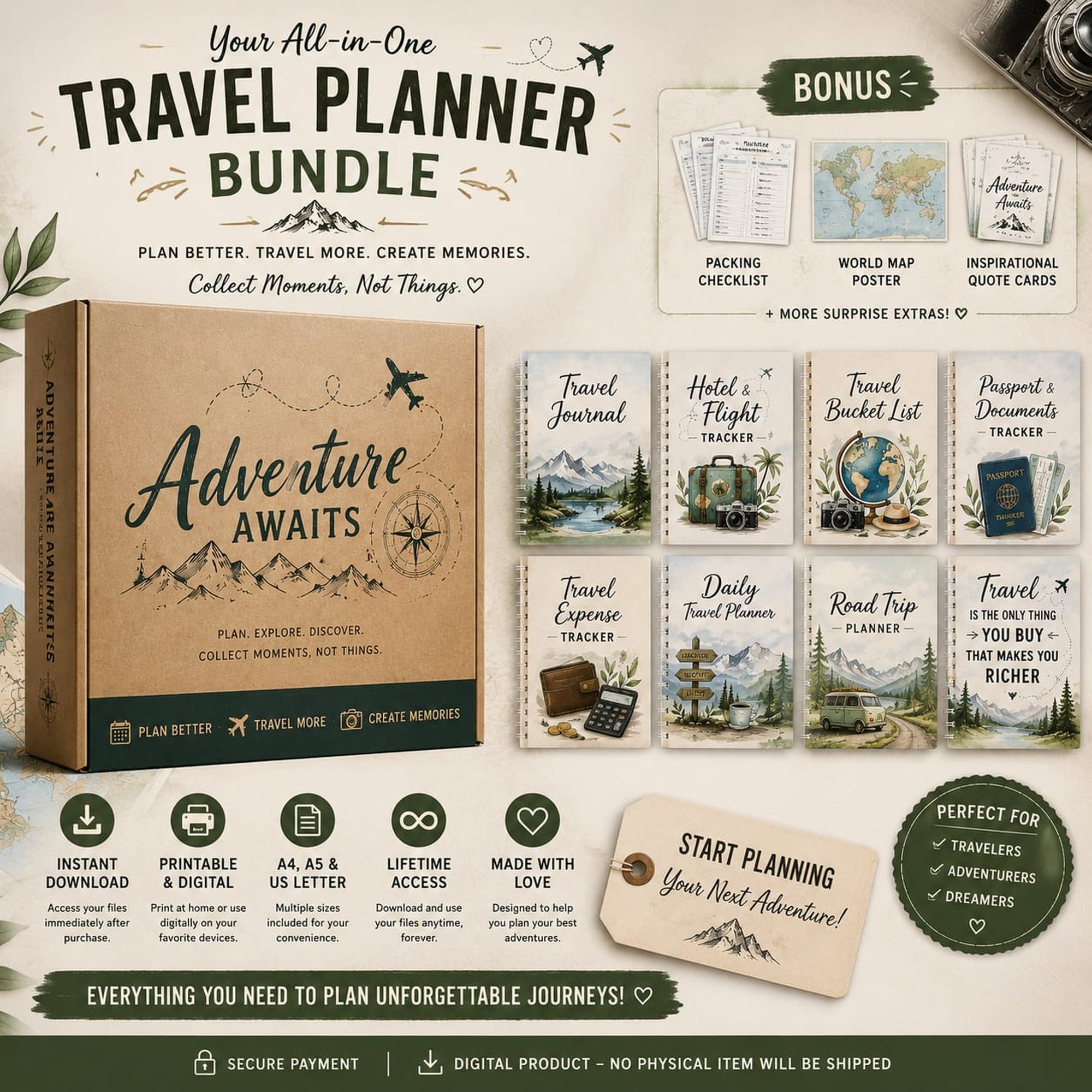 Travel Planner Bundle | 9 Printable Travel Planners + 3 FREE Travel Wall Art Prints | Instant Download PDF