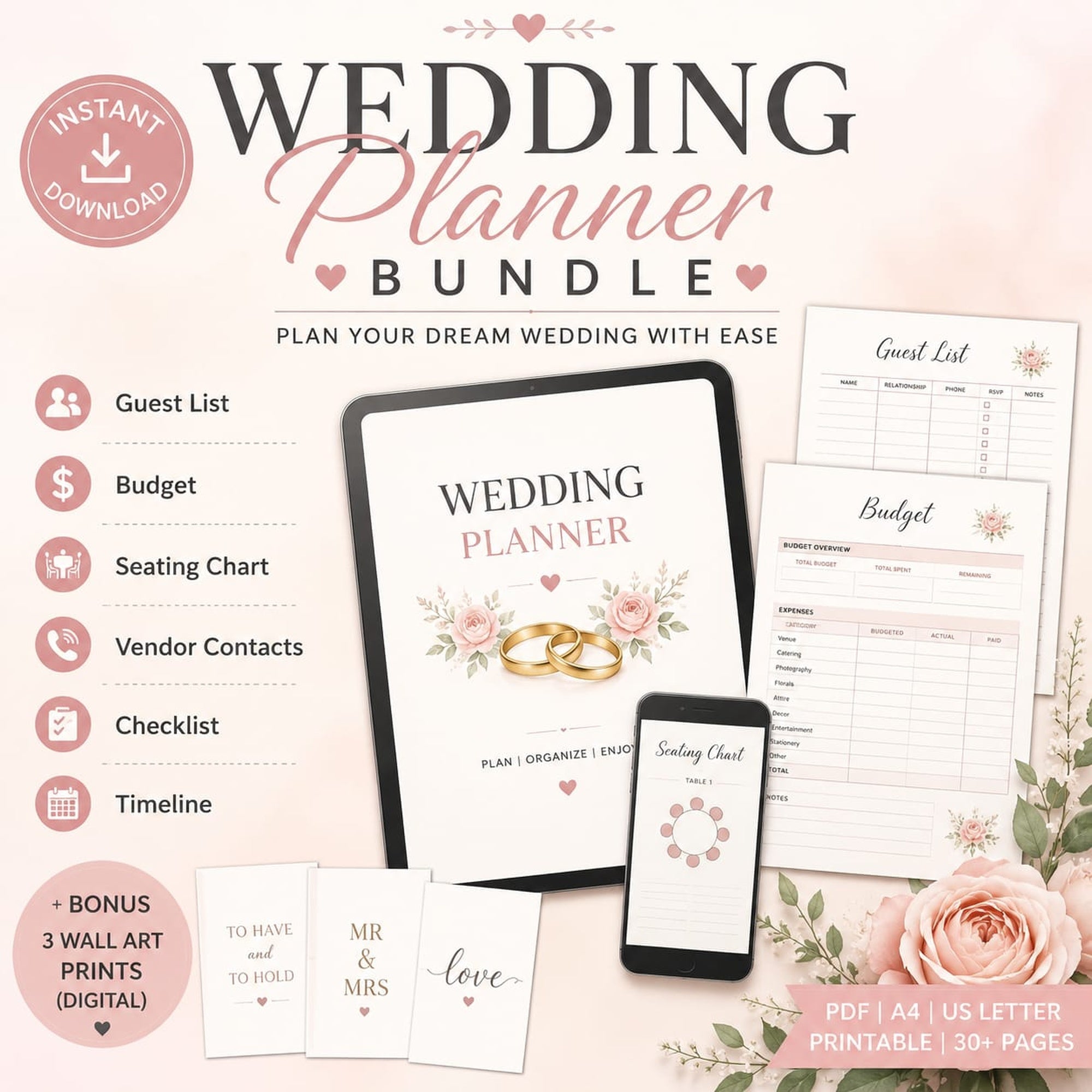 Wedding Planner Bundle | 6 Printable Wedding Planning Templates + 3 FREE Wedding Wall Art Prints | Instant Download PDF