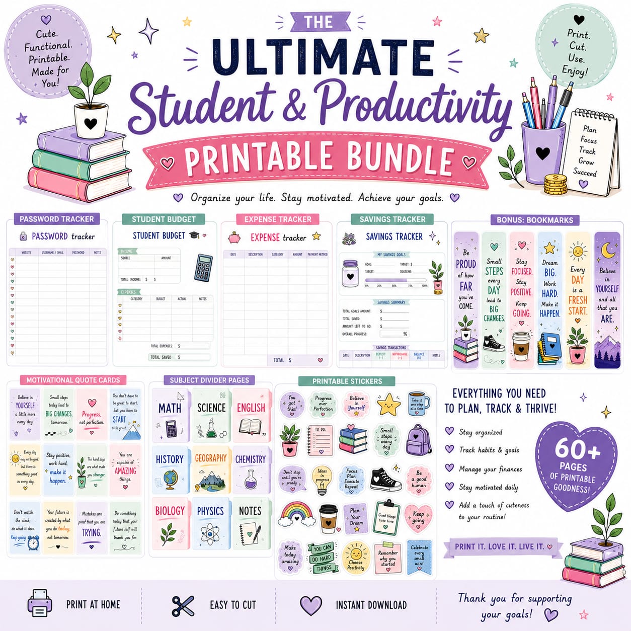 Student Planner Bundle | 60+ Printable Academic Planner Pages | Digital Download | School Planner PDF | College & University Organizer